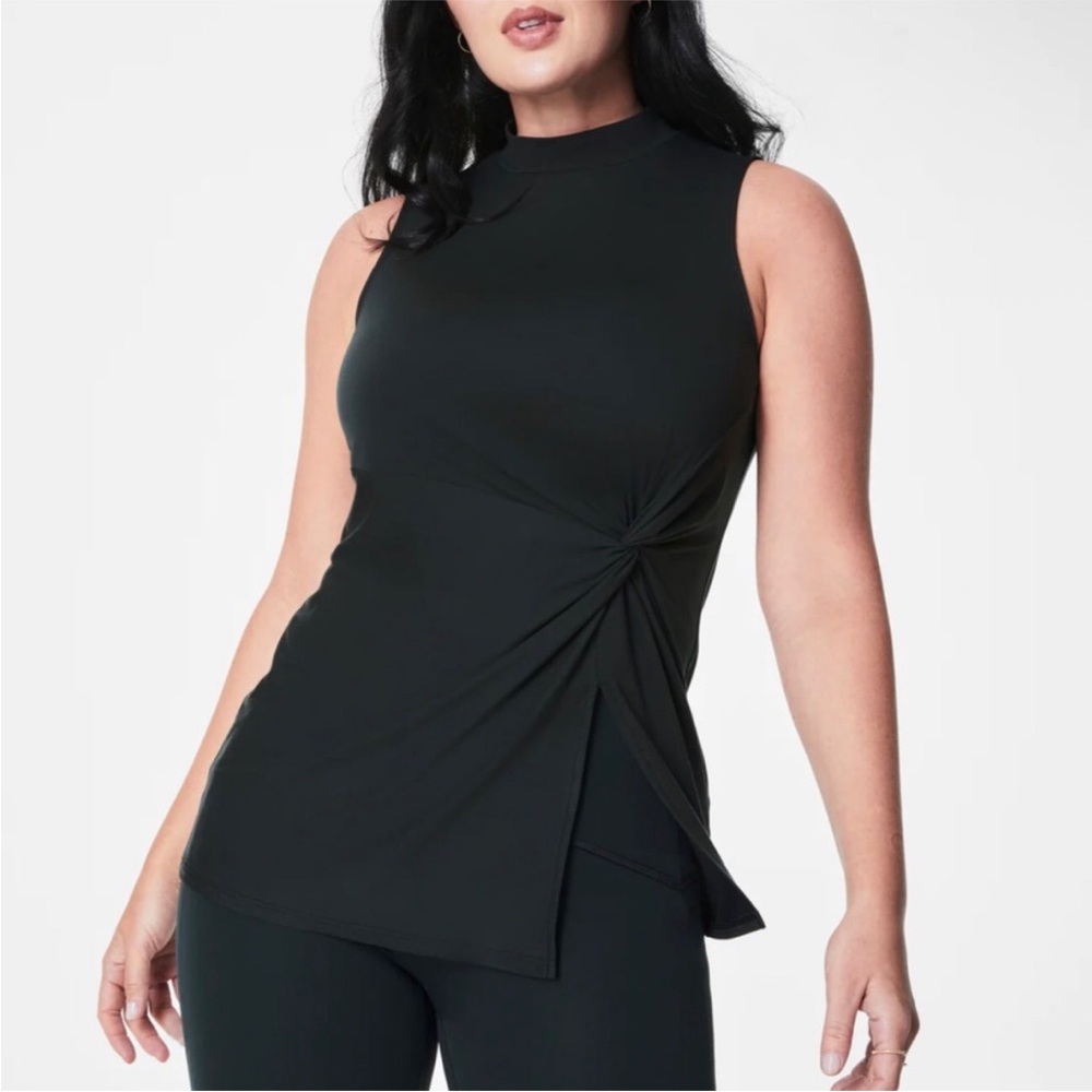 NEW‎ Spanx Butter Asymmetrical Top Mock Neck Sleeveless Side Knot Black Small